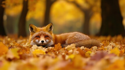 Autumnal fox resting in a forest of fallen leaves
