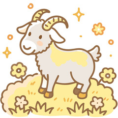 Pets on a farm Cute goat standing on a grassy lawn in doodle style