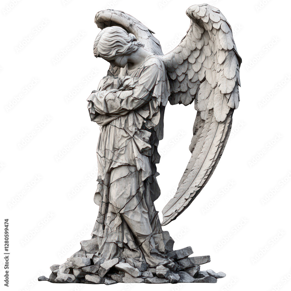 Poster broken angel statue with missing wings isolated on transparent background