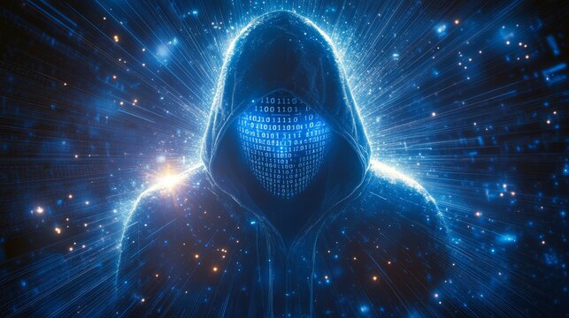 Cyber Hacker in Hoodie, Digital Glowing Code, Futuristic Dark Hooded Figure, Binary Code Background