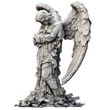 Broken angel statue with missing wings isolated on transparent background