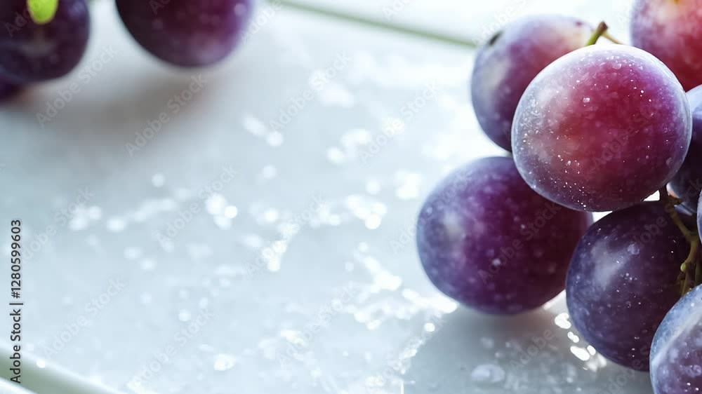 Poster static video, diffused light, a cluster of purple grapes with a light dusting on them, resting on a 