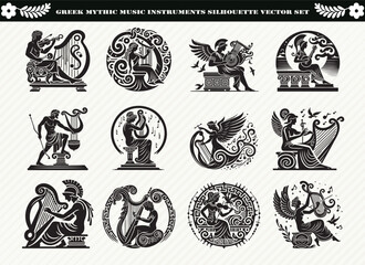 Black Greek Mythic Music Instrument Silhouette Illustration for Logos Prints and Design