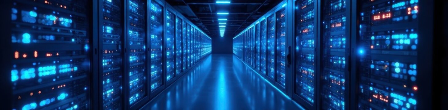 Quantum network server room, glowing blue nodes, connectivity, supercomputer