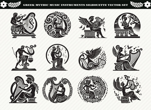 Black Greek Mythic Music Instrument Silhouette Illustration for Logos Prints and Design