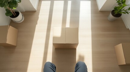 Bright Room with Sunlight Streaming Through Windows, Boxes on Floor, Indoor Plants Add Freshness, Person Sitting Nearby, Modern Minimalist Decor