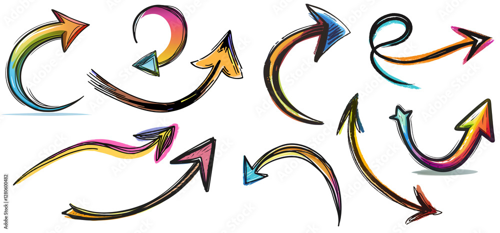 Poster vibrant hand drawn arrows pointing multidirectionally, presenting transparent background design high
