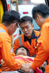 Obraz premium Asian male EMS paramedics or emergency medical technicians in orange uniforms performing first aid to patient on stretcher injured from road accident