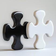 Obraz premium Two connected jigsaw pieces in black and white, symbolizing cooperation, integration, and unity on bright seamless background, business strategy.