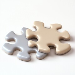 Obraz premium Two beige and gray jigsaw puzzle pieces interlocking together on a white background, representing connection, integration, and problem solving with light.