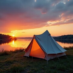 Canvas tent pitched near tranquil lake at sunset, canvas, image