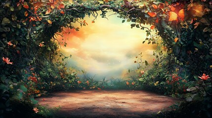 Enchanted Garden Path at Sunset: A Dreamy Landscape with Vibrant Flowers and Soft Lighting