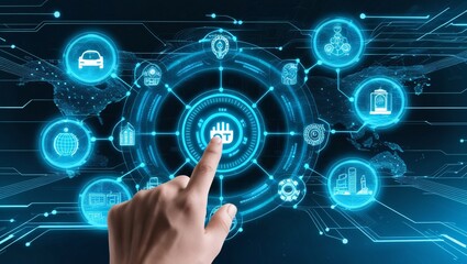 Fototapeta premium Hand Interacting with Futuristic IoT Interface - Advanced Technology and Global Connectivity