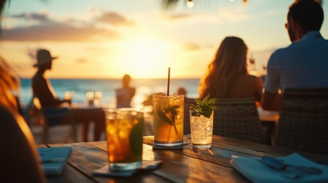 Alcohol consumption at a stylish beach bar with rum cocktails and sunset. Featuring relaxation and tropical vibes