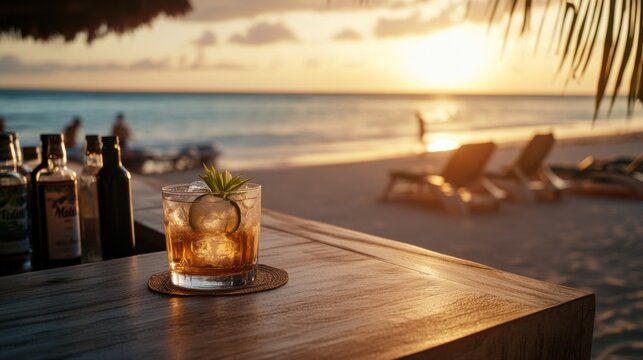 Alcohol consumption at a stylish beach bar with rum cocktails and sunset. Featuring relaxation and tropical vibes