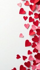 Red heart shaped confetti scattered on white background, white, passion