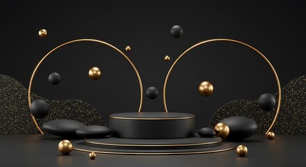 Podium for mockup template with copy space and falling stones. Dark matte pedestal - exhibition of brand products, goods. Gold glitter decor design. Luxury expensive studio - 3d render illustration.
