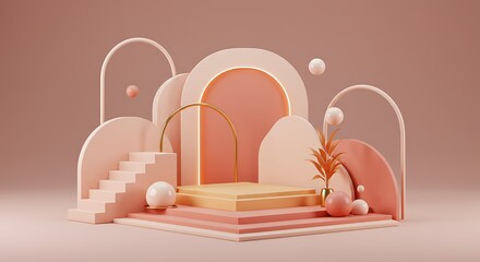 Fototapeta premium Platform base, pedestal for brand products. Abstract fashion trendy summer colors. 3d render illustration. Architecture composition, exhibition podium. Stairs and niche with empty space.