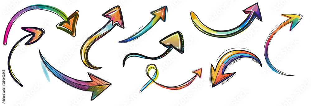 Poster set of colorful hand drawn arrows pointing in different directions, isolated on transparent backgrou