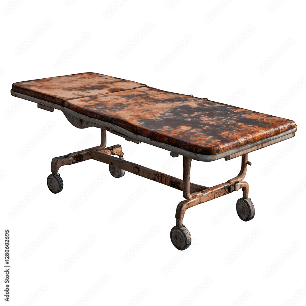 Poster rusty and broken surgical table isolated on transparent background