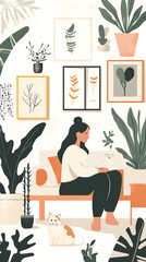 A flat illustration of a woman sitting on the sofa with a cat
