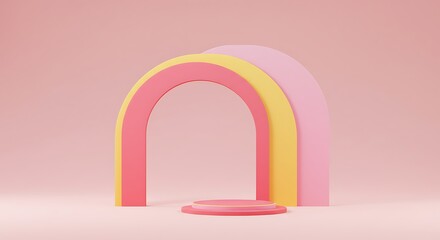 Pink yellow arc with copy space. Pastel pink color background. 80s 70s 60s vibe - 3d rendering. Architectural construction for bright summer advertisement. Empty space for goods.