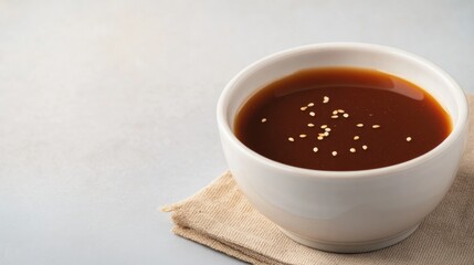Rich brown sauce in white bowl sprinkled with sesame seeds, mini