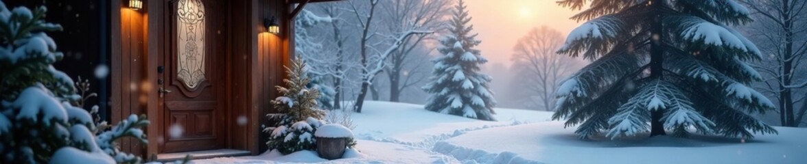 Dark hardwood door with frosted glass pane in snowy winter scene, glass, snowy landscape, winter wonderland