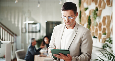 Businessman, financial report and research with tablet, digital budget and advice for customer...