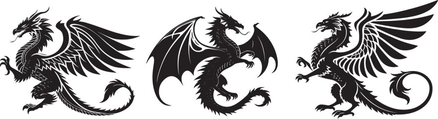 Mythological Dragon Silhouette Vector Icon Set &ndash; Legendary Fantasy Beast Illustrations