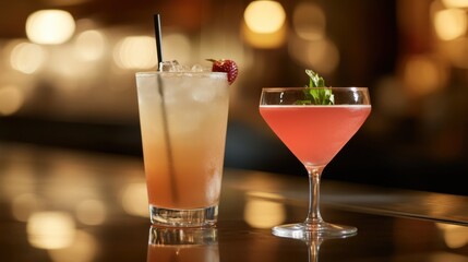 Alcohol consumption at a stylish lounge with cocktails and plush seating. Featuring sophistication and style