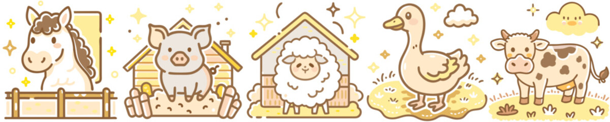 Pets on a farm Cute farm animals in barns and fields in doodle style