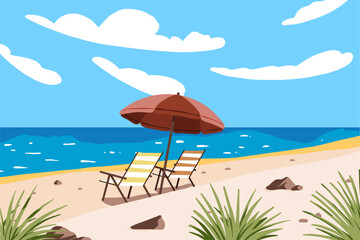 Beach landscape with beach chair and umbrella on the seashore. Summer vacation cartoon vector concept
