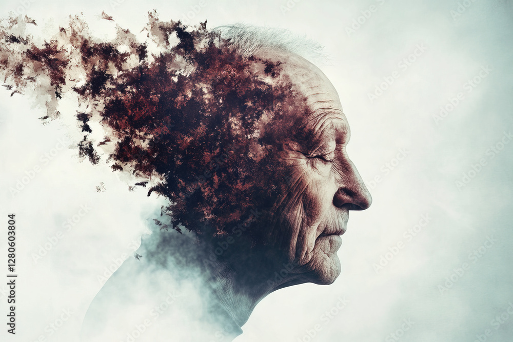 Poster elderly man's profile blended with abstract elements illustrating memory and time