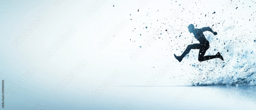 Aufkleber a silhouette of a runner leaps forward, creating a dynamic splash effect against a light background,