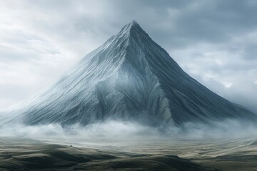 Majestic mountain peak surrounded by mist and clouds at dawn