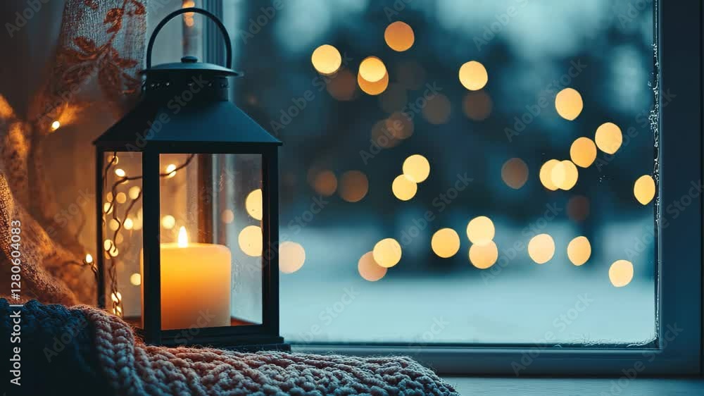 Poster cozy window with lantern and bokeh lights creating a serene atmosphere in winter, cozy window with l