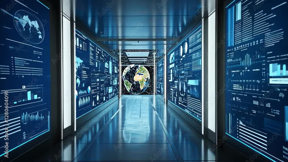 Aufkleber futuristic hallway featuring digital displays with various data visualizations, futuristic hallway w