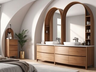 Modern bathroom with wooden cabinets, dual sinks, and arched mirrors, light background. Contemporary home or hotel concept. 3D Rendering