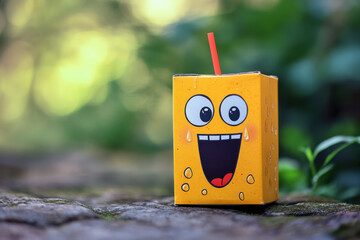 A juice box with a silly face, bouncing on its straw like a pogo stick