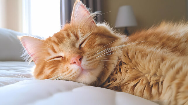 Ginger cat napping peacefully on bed, sunlit room