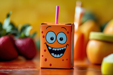 A juice box with a silly face, bouncing on its straw like a pogo stick