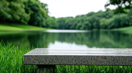 Tranquil park bench by lake, green trees, peaceful scene, perfect for relaxation