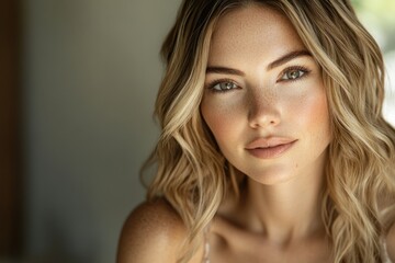 Fototapeta premium Close-up portrait of a woman with blonde, wavy hair and freckles, showcasing her natural beauty.