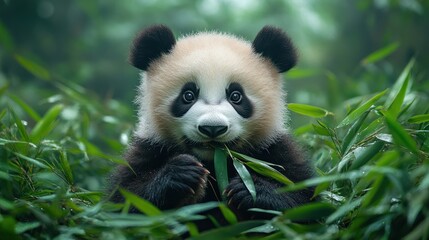 Fototapeta premium Cute panda cub eating bamboo in a forest