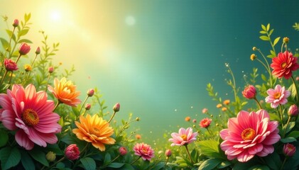 Obraz premium Sun-drenched border, vibrant blooms, lush foliage, garden design, summer