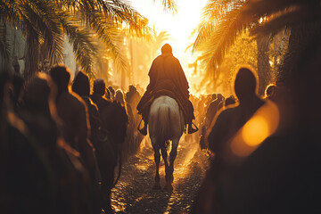 Jesus riding a donkey during his triumphal entry into Jerusalem. People enthusiastically wave palm branches,celebrating his arrival with excitement. Banner. Copy space