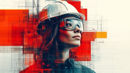Female construction worker in hard hat with abstract design