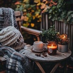 Cozy autumn patio scene with candles and warm drinks