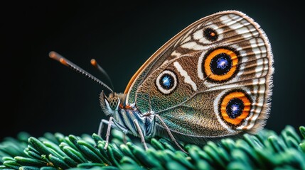 Obraz premium A mesmerizing portrait of a blue morpho butterfly resting on a vibrant green leaf, its iridescent wings glowing under soft sunlight.